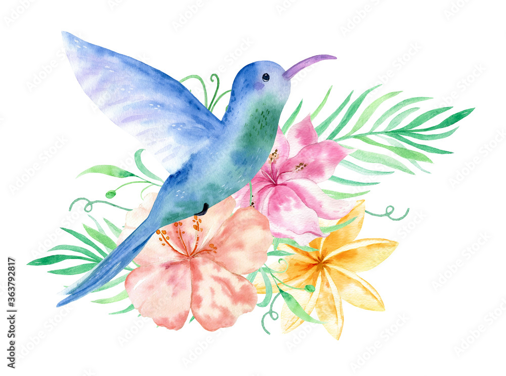 Fototapeta premium Watercolor bouqet with tropical flowers, leaves and hummingbird. Hawaiian exotic illustrations for greeting card, wedding, wallpaper