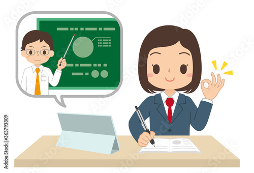 タブレットで勉強する女子学生　オンライン授業　オンライン学習　イラスト