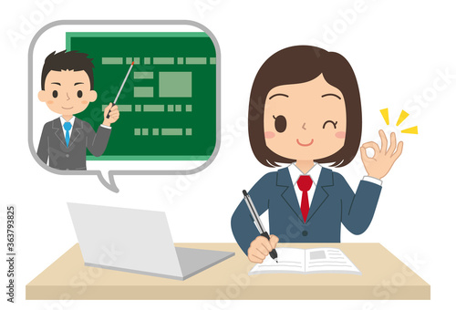 パソコンで勉強する女子学生　オンライン授業　オンライン学習　イラスト