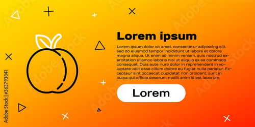 Line Peach fruit or nectarine with leaf icon isolated on yellow background. Colorful outline concept. Vector Illustration.