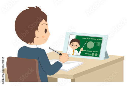 タブレットで勉強する男子学生　オンライン授業　オンライン学習　イラスト