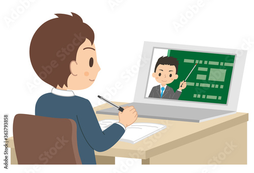 パソコンで勉強する男子学生　オンライン授業　オンライン学習　イラスト