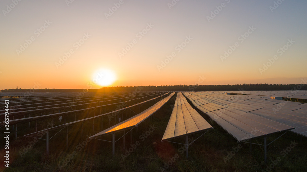 Photovoltaic solar panels at sunrise and sunset.