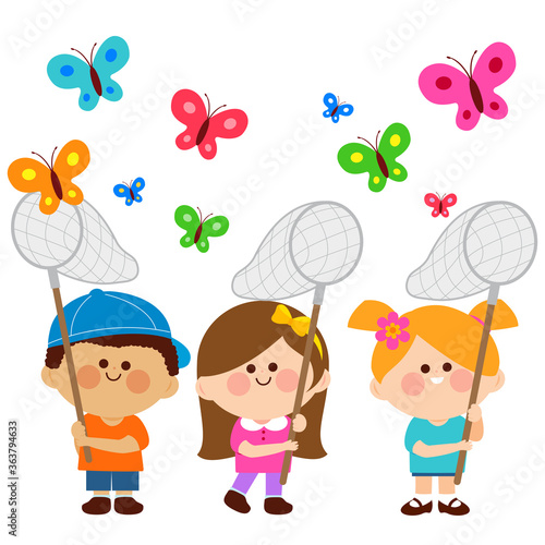 Children catching butterflies. Vector illustration