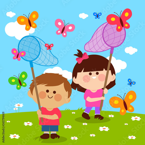 Children catching butterflies. Vector illustration