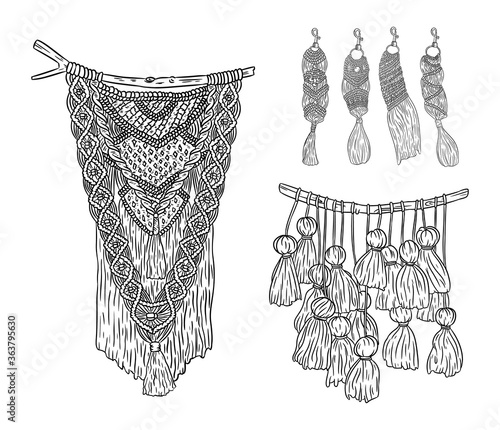 Set of macrame boho style wall hangers and keychains doodle sketches. Collection of textile knotting design elements. Simple linear modern indigenous craft