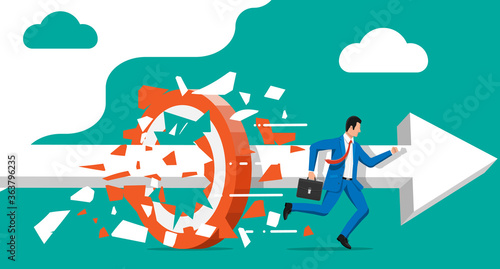 Businessman running and breaking target. Business man in suit with briefcase. Goal setting. Smart goal. Business target concept. Achievement and success. Vector illustration in flat style