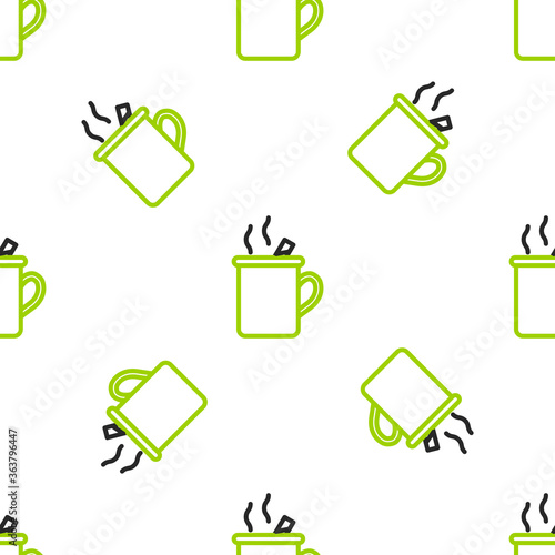 Line Mulled wine with glass of drink and ingredients icon isolated seamless pattern on white background. Cinnamon stick, clove, lemon slice. Vector Illustration.