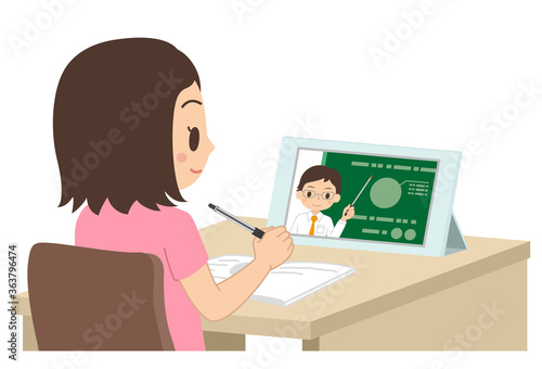 タブレットで勉強する女子学生　オンライン授業　オンライン学習　イラスト
