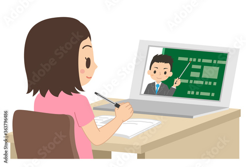 パソコンで勉強する女子学生　オンライン授業　オンライン学習　イラスト