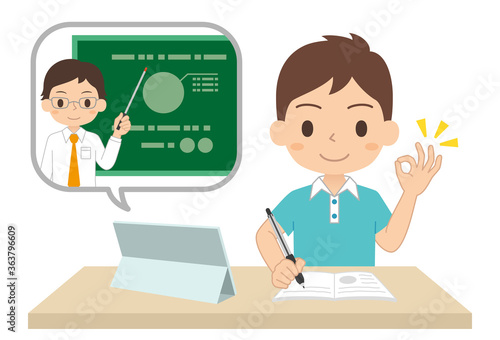 タブレットで勉強する男子学生　オンライン授業　オンライン学習　イラスト