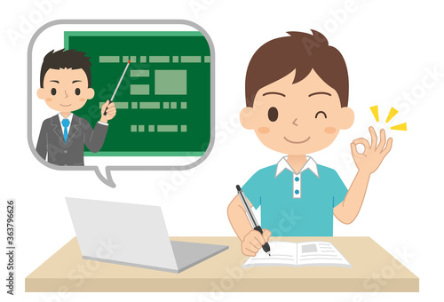 パソコンで勉強する男子学生　オンライン授業　オンライン学習　イラスト