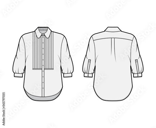 Shirt technical fashion illustration with bib, button down front opening, round collar, elbow sleeves with cuff, oversized body. Flat apparel template front back grey color. Women, men unisex mockup