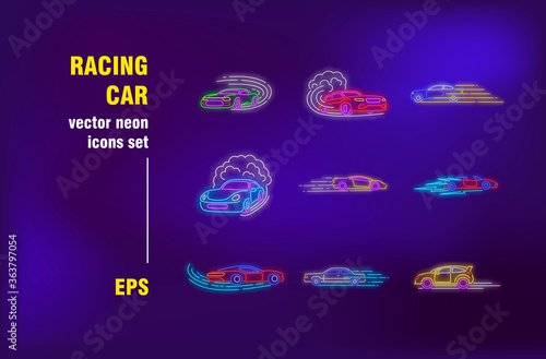 Racing car neon signs set. Fast sport cars in motions, moving, drifting, competition. Night bright advertising. Vector illustration in neon style for banner, poster, flyer design