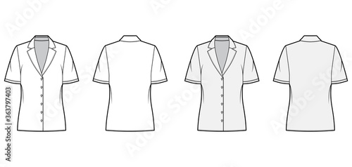 Pajama style blouse technical fashion illustration with retro camp collar, short sleeves loose fit body. Flat apparel template front back white grey color. Women men unisex CAD garment designer mockup
