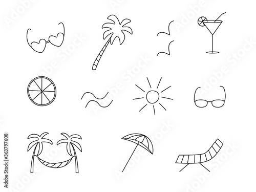 Vector icons are a symbol of summer. Sun palm glasses hammock chaise longue seagulls cocktail lemon umbrella.