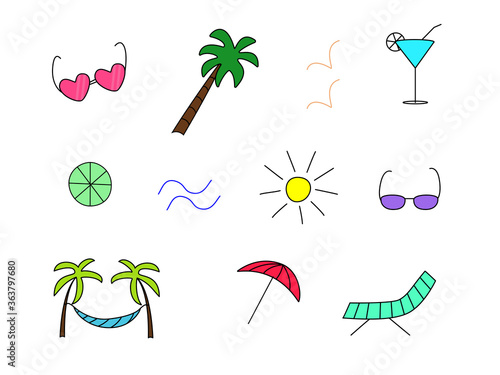 Vector icons are a symbol of summer. Sun palm glasses hammock chaise longue seagulls cocktail lemon umbrella.