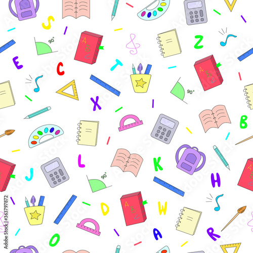 Seamless pattern school items backpack book notebook pen calculator paintbrush letters ruler Back to school . Concept education. Vector illustration.