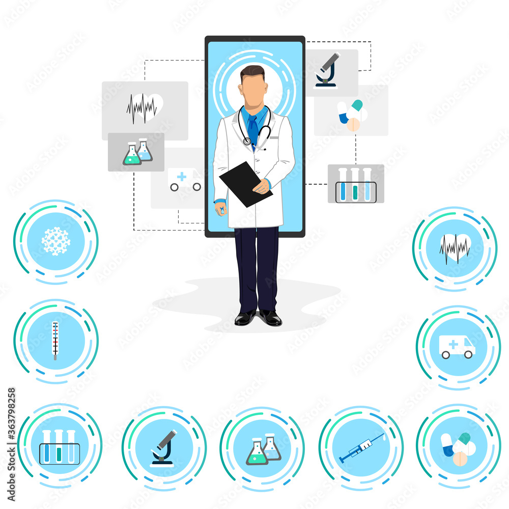 Online medical consultation with a doctor. Vector set of icons on a white background. Online medical consultation with a doctor. Vector set of icons on a white background.