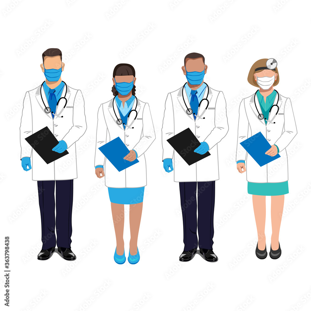 Set of characters doctors and nurses in protective masks. Thanks to the doctors and nurses. Quarantine. Vector illustration