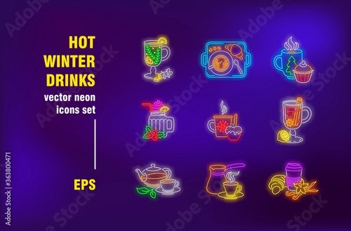 Hot winter drink neon signs set. Mulled wine glass, steaming cocoa mug, tea pot, cup of coffee. Night bright advertising. Vector illustration in neon style for banners, coffee shop signboards design