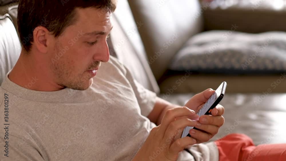 Single guy sitting on couch in living room holds cell spend free time in internet chatting with friends, using e-date website online services enjoy distant communication. Web Surfing activity concept