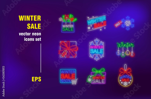 Winter sale neon signs set. Shopping bags, bauble, gift box, snowflake. Night bright advertising. Vector illustration in neon style for retail banners, Christmas posters, discount flyers design