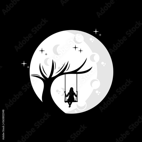 illustration of a woman playing a swing on the moon