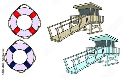 lifeguard tower on the beach,lifeguard booth set and lifebuoy 
