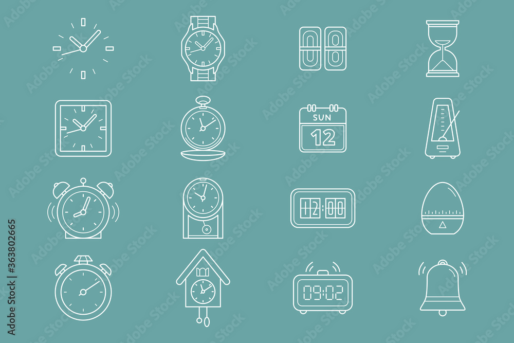 Watch Icons set - Vector outline symbols of watch, stopwatch, hourglass, timer, wristwatch, calendar for the site or interface Watch Icons set - Vector outline symbols of watch, stopwatch, hourglass, timer, wristwatch, calendar for the site or interface