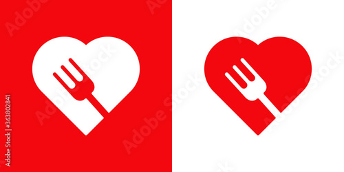 Comida sana. Cena romántica. Icono plano corazón con tenedor en fondo rojo y fondo blanco