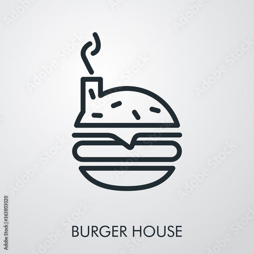 Concepto restaurante de comida rápida. Logo lineal texto Burger House con hamburguesa con chimenea en fondo gris