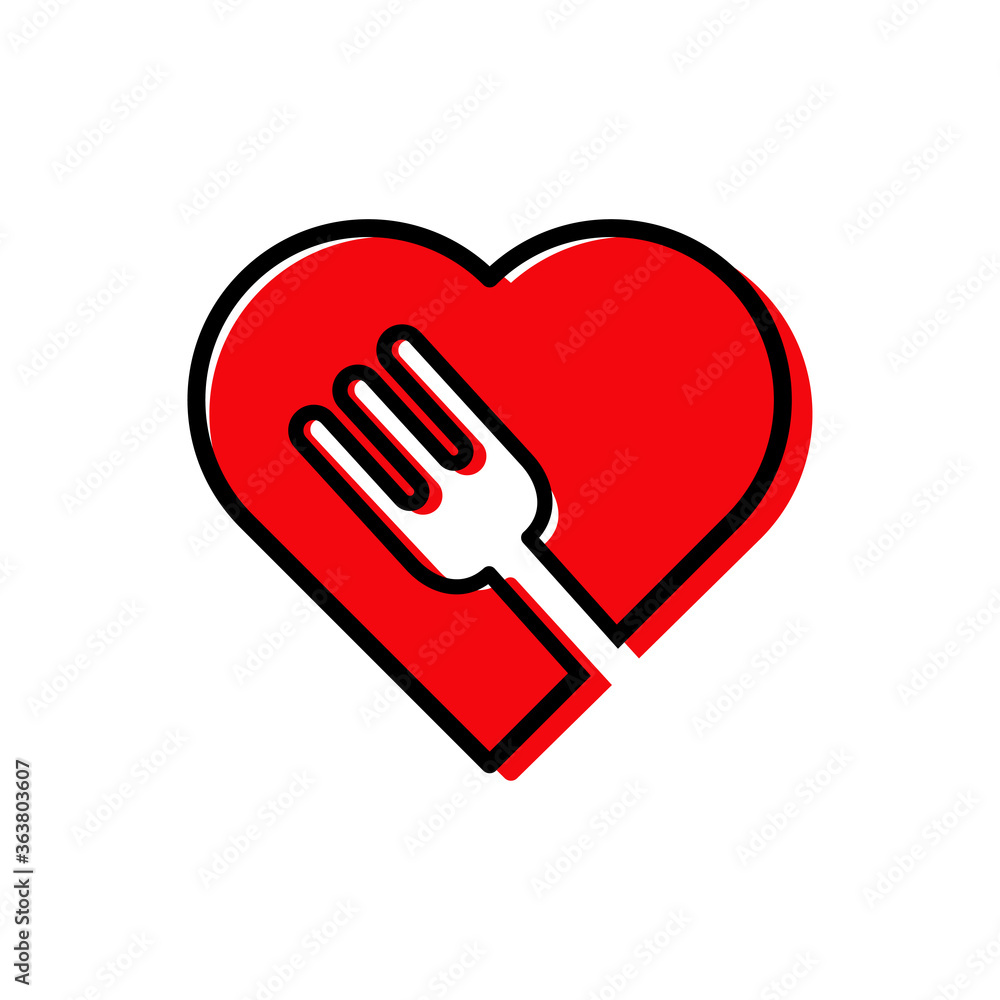 Comida sana. Cena romántica. Icono plano lineal corazón con tenedor con color rojo Comida sana. Cena romántica. Icono plano lineal corazón con tenedor con color rojo