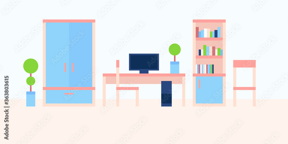 vector illustration, abstract minimalism interior, background, apartment, bed room, plant, wardrobe, desk, computer, chair, bookcase