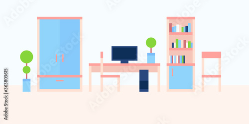 vector illustration, abstract minimalism interior, background, apartment, bed room, plant, wardrobe, desk, computer, chair, bookcase