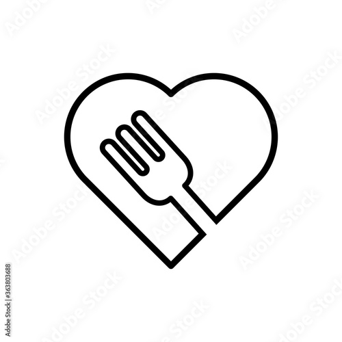 Comida sana. Cena romántica. Icono plano lineal corazón con tenedor en color negro