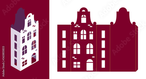 Christmas LED light box template for laser cut. Silhouette of Amsterdam style paper houses lantern. Buildings in old European fashion. Wood carving template. Scalable vector. Die paper cutout.
