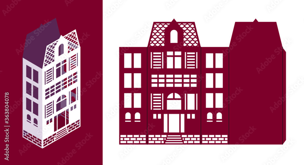Silhouette of Amsterdam style paper houses lantern. Buildings in old European fashion. Christmas LED light box template for laser cut. Wood carving template. Scalable vector. Die paper cutout.