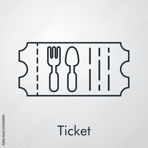 Icono plano lineal ticket de comida con cubiertos en fondo gris