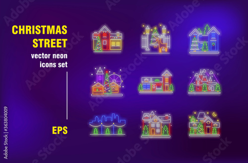 Christmas street neon signs set. Houses with decoration, fairy lights and ornament. Night bright advertising. Vector illustration in neon style for New Year banners, travel flyers, posters design