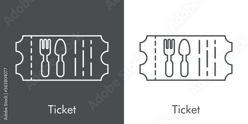 Icono plano lineal ticket de comida con cubiertos en fondo gris y fondo blanco