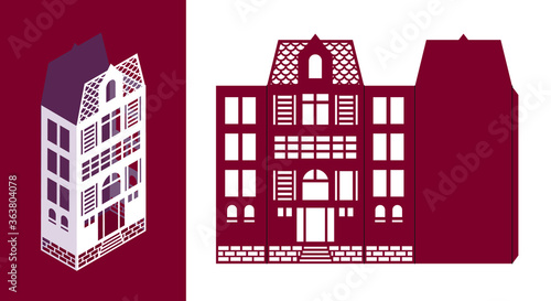 Silhouette of Amsterdam style paper houses lantern. Buildings in old European fashion. Christmas LED light box template for laser cut. Wood carving template. Scalable vector. Die paper cutout.