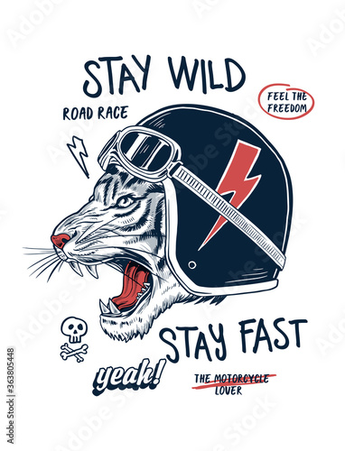 Tiger illustration with motorcycle helmet. Vector graphics for t-shirt prints and other uses.