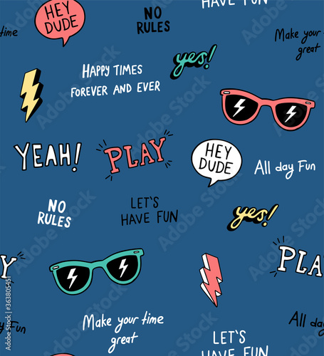 hand drawn slogans with some illustrations. Vector seamless pattern