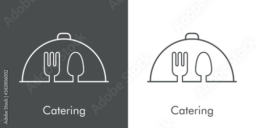 Concepto reparto de comida a domicilio. Icono plano lineal palabra Catering con bandeja de comida y tenedor y cuchara en fondo gris y fondo blanco