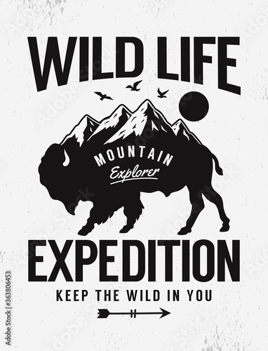 Vector buffalo illustration with mountain landscape. Outdoor adventure, travel theme.