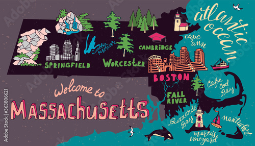 Illustrated map of  Massachusetts state, USA. Travel and attractions. Souvenir print
