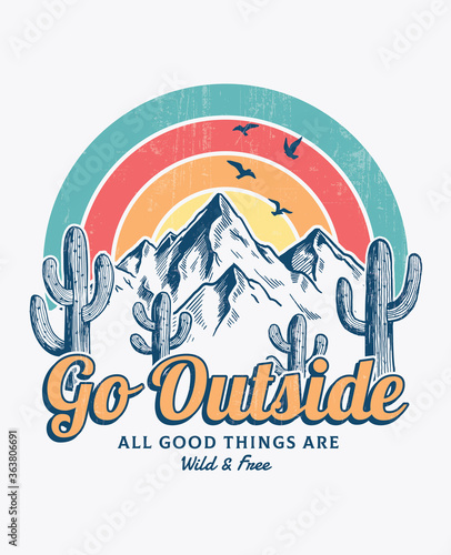 Mountain illustration, outdoor adventure . Vector graphic for t shirt and other uses.