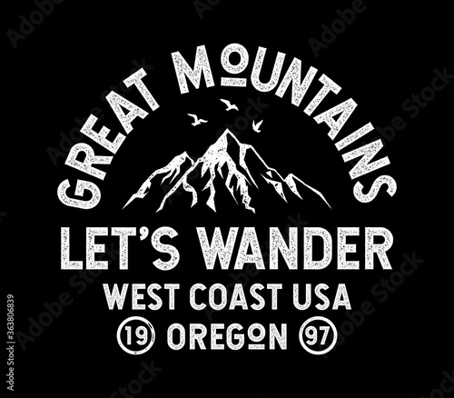 Let's Wander text. Mountain illustration, outdoor adventure . Vector graphic for t shirt and other uses.