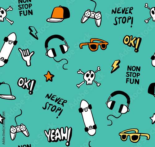 Hand drawn elements seamless pattern. Skateboarding doodle illustration. Vector illustration. Seamless pattern with cartoon skull, headphone, sunglasses, gamepad skateboard, hat etc.